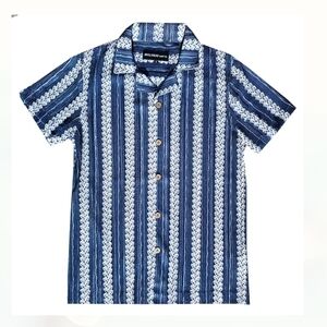 Molokai-Surf Dark Blue and White Crochet Short Sleeve Button-Up Shirt